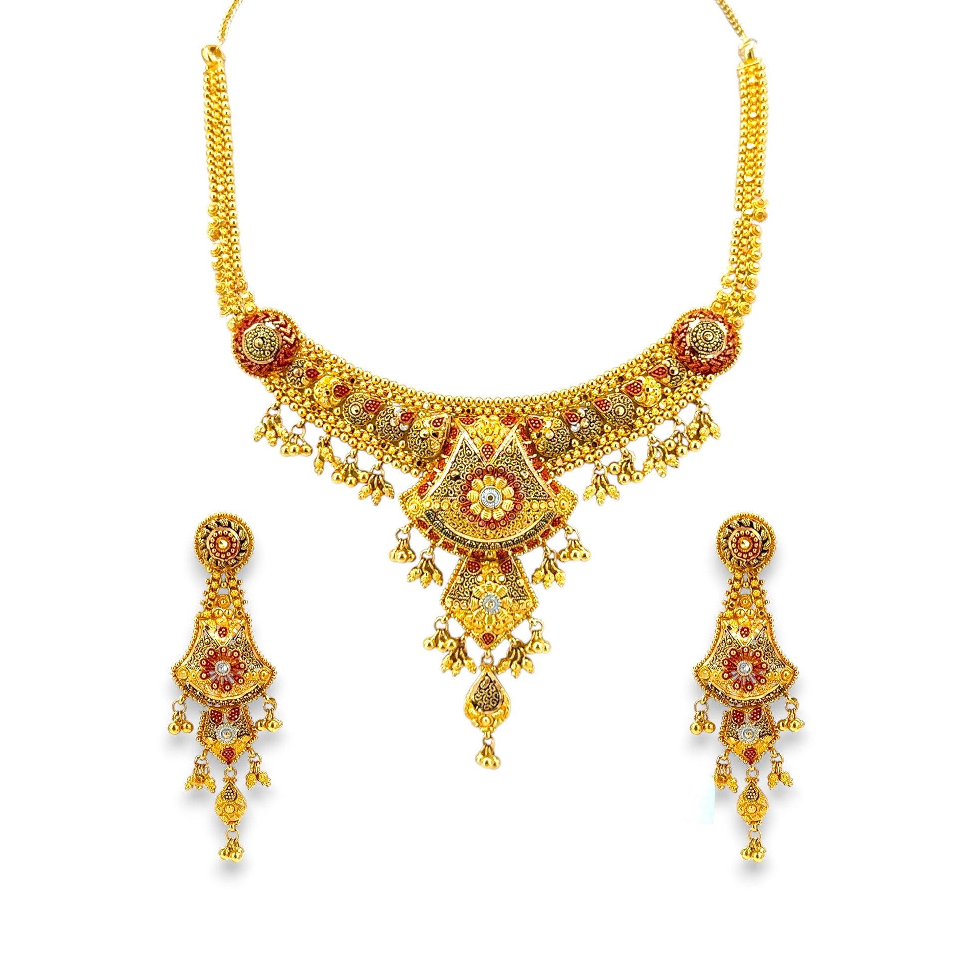 22kt Gold Bridal Necklace Set RJOMS3042 featuring an antique floral meenakari design with red and white enamel detailing, intricate filigree craftsmanship, and hanging gold beads, paired with matching drop earrings – a vibrant traditional bridal jewelry set from Regal Jewels Chicago.