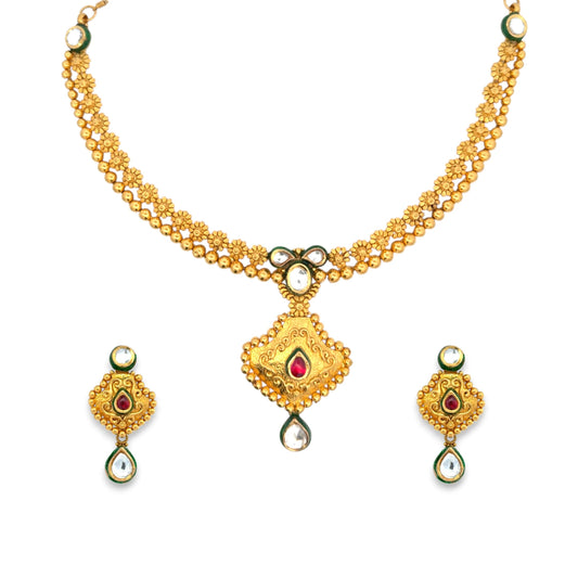 22K gold antique necklace set with floral bead chain, ruby centerpiece, kundan stones, and matching teardrop earrings – 56.91 gm, RJOMS3044 – Regal Jewels Chicago.