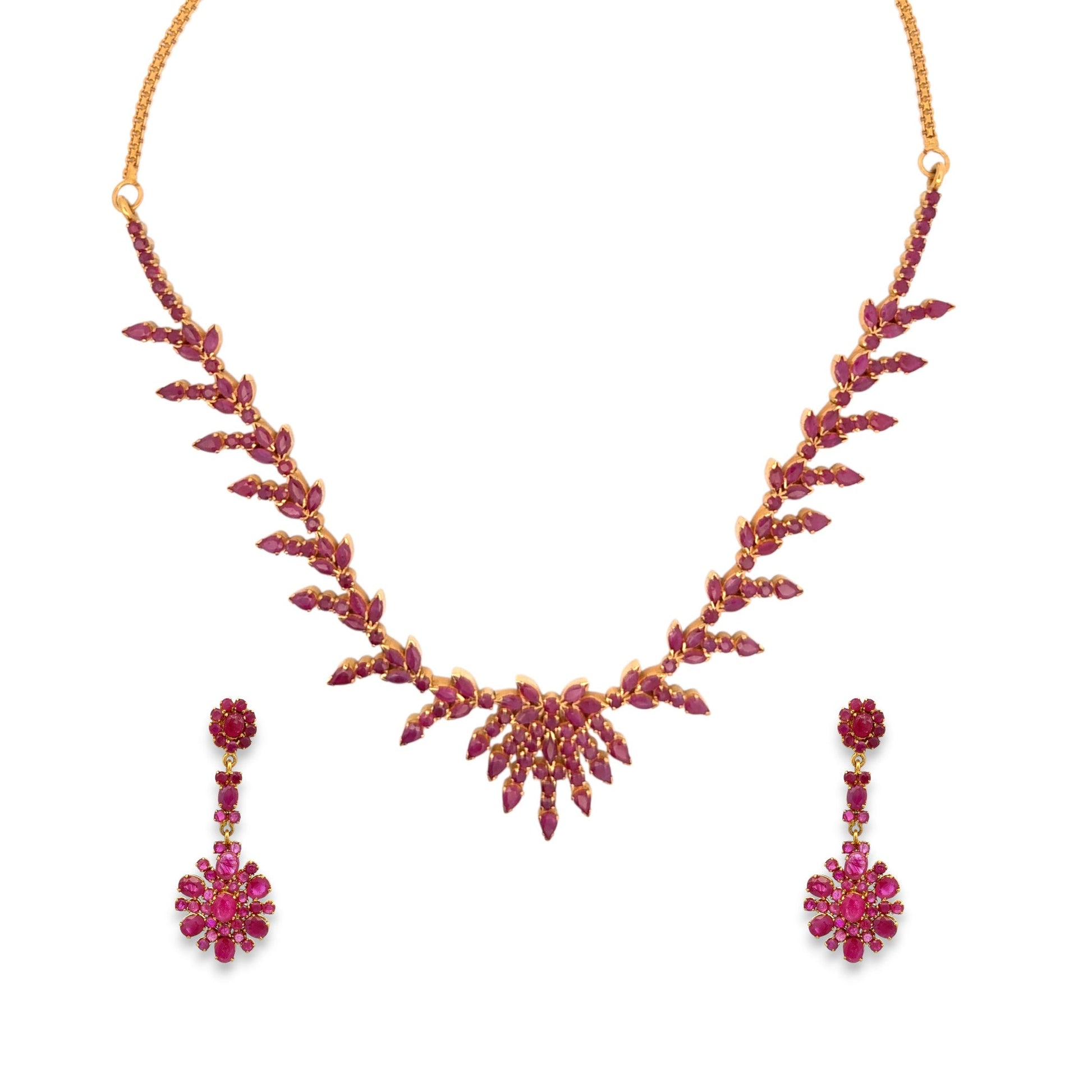 22K gold ruby necklace set with cascading leaf cluster design, floral ruby centerpiece, and matching drop earrings – 48.38 gm, RJOMS3046 – Regal Jewels Chicago.