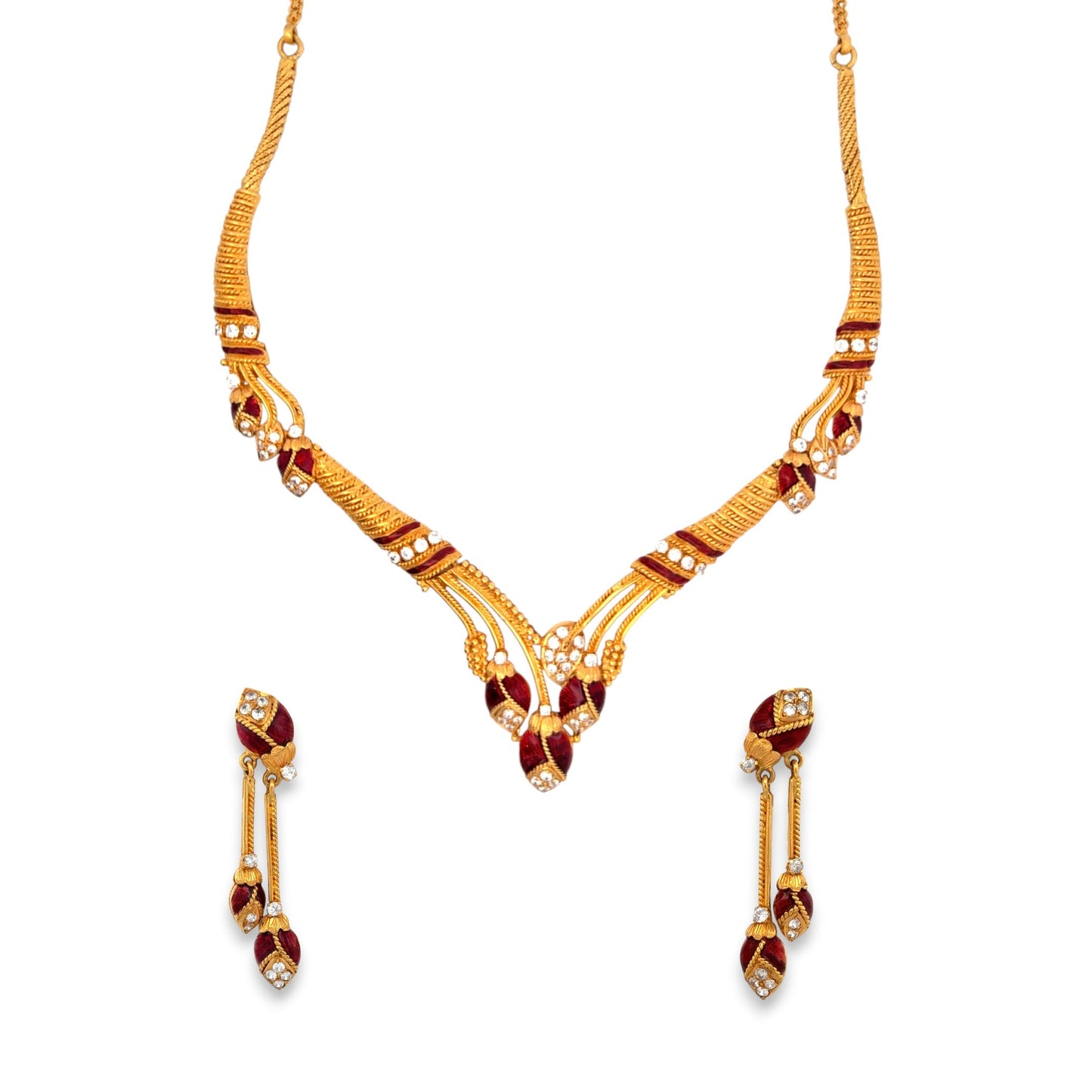 Stylish 22kt gold modern antique necklace set featuring red enamel highlights and sparkling CZ stones with matching long drop earrings. Ideal for weddings, parties, and festive occasions from Regal Jewels Chicago.