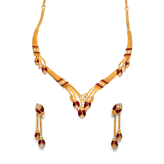 Stylish 22kt gold modern antique necklace set featuring red enamel highlights and sparkling CZ stones with matching long drop earrings. Ideal for weddings, parties, and festive occasions from Regal Jewels Chicago.