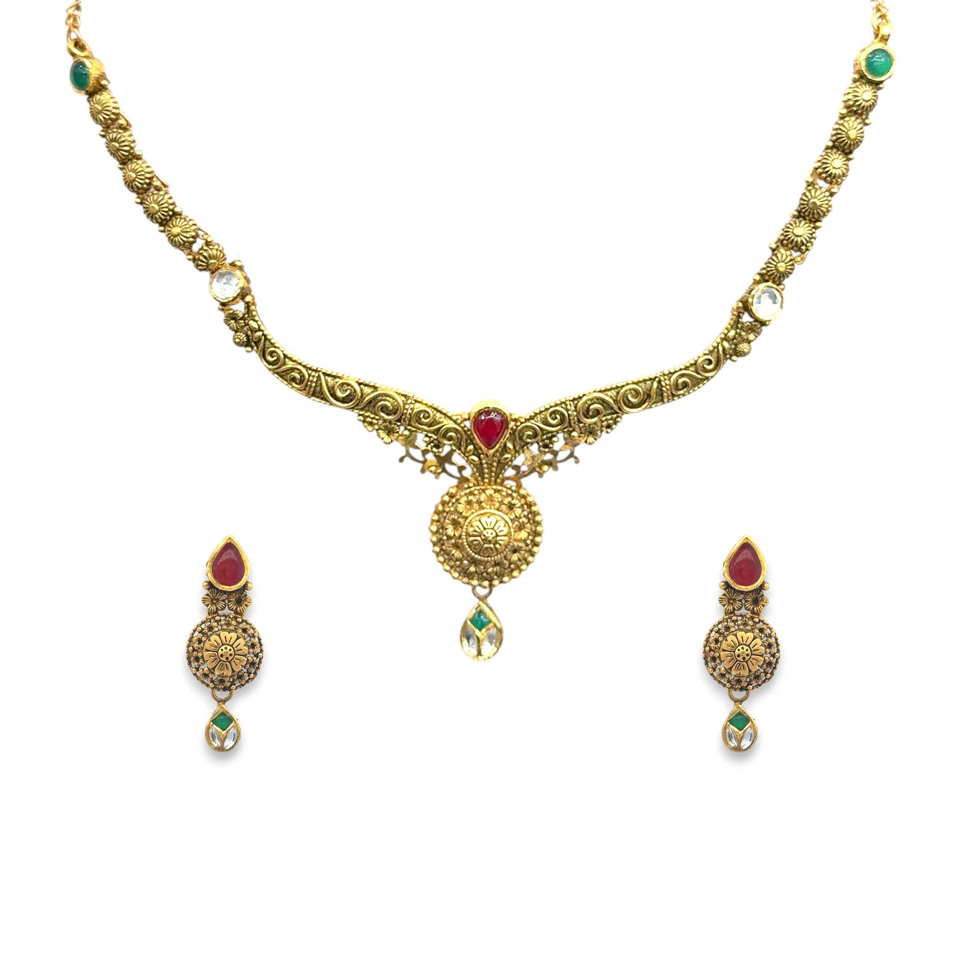 22K gold antique necklace set with floral medallion pendant, red and green gemstone accents, and matching teardrop earrings – 34.32 gm, RJOMS3054 – Regal Jewels Chicago.