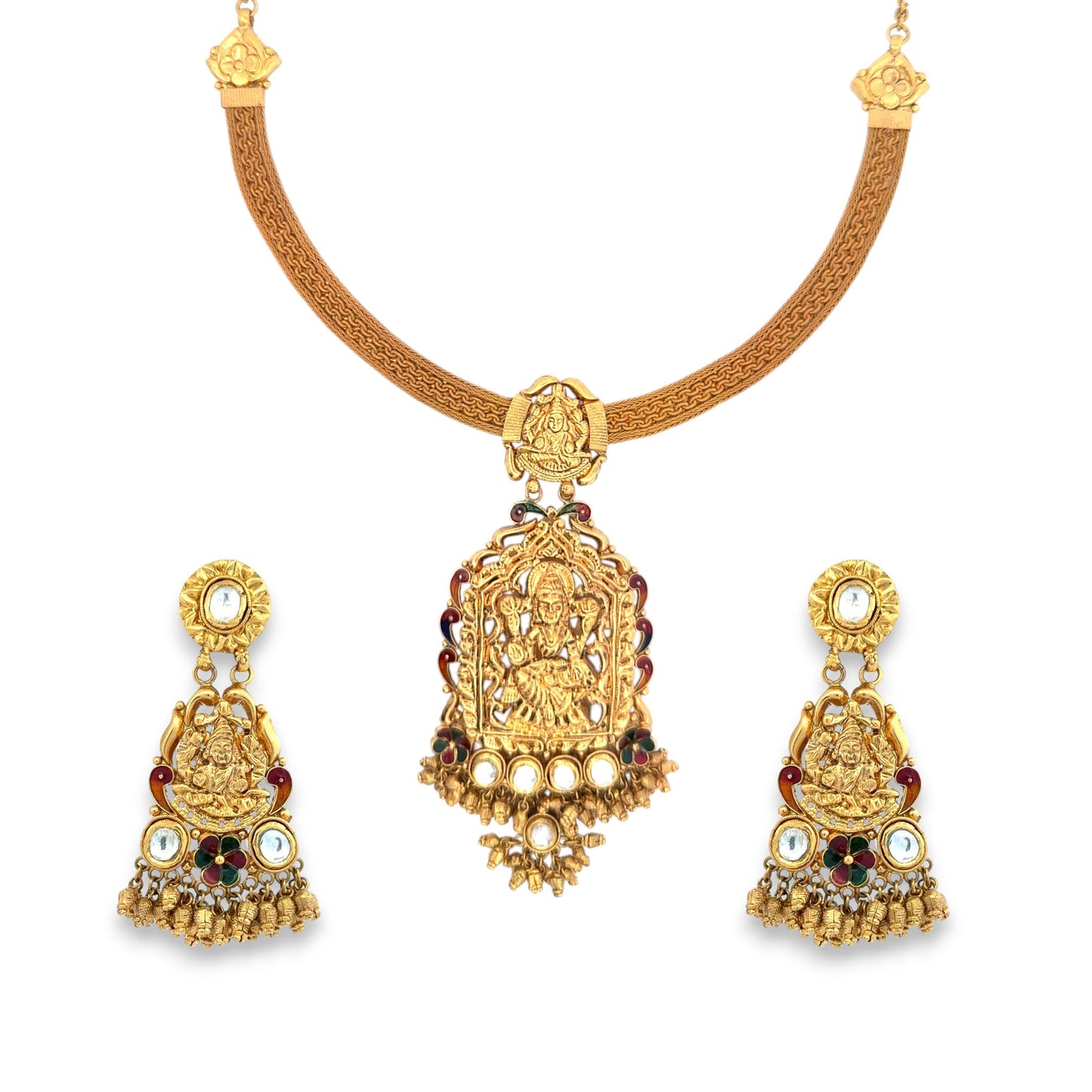 Magnificent 22kt gold temple necklace set featuring Goddess Lakshmi motifs, red and green enamel accents, and intricate gold ghungroo drops with matching earrings. Ideal for bridal, festive, and religious wear from Regal Jewels Chicago.