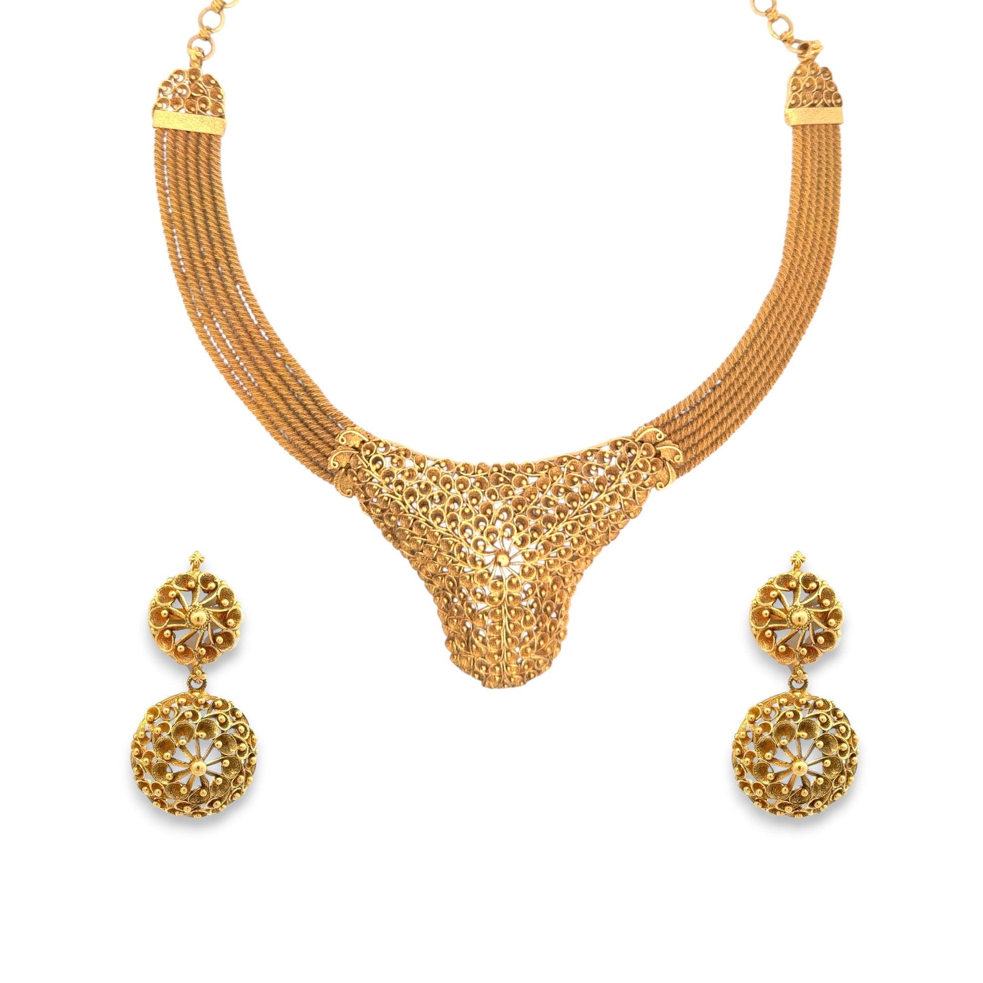 22K gold bridal necklace set with intricate filigree mesh centerpiece, layered gold chains, and matching floral drop earrings – 96.01 gm, RJOMS3060 – Regal Jewels Chicago.