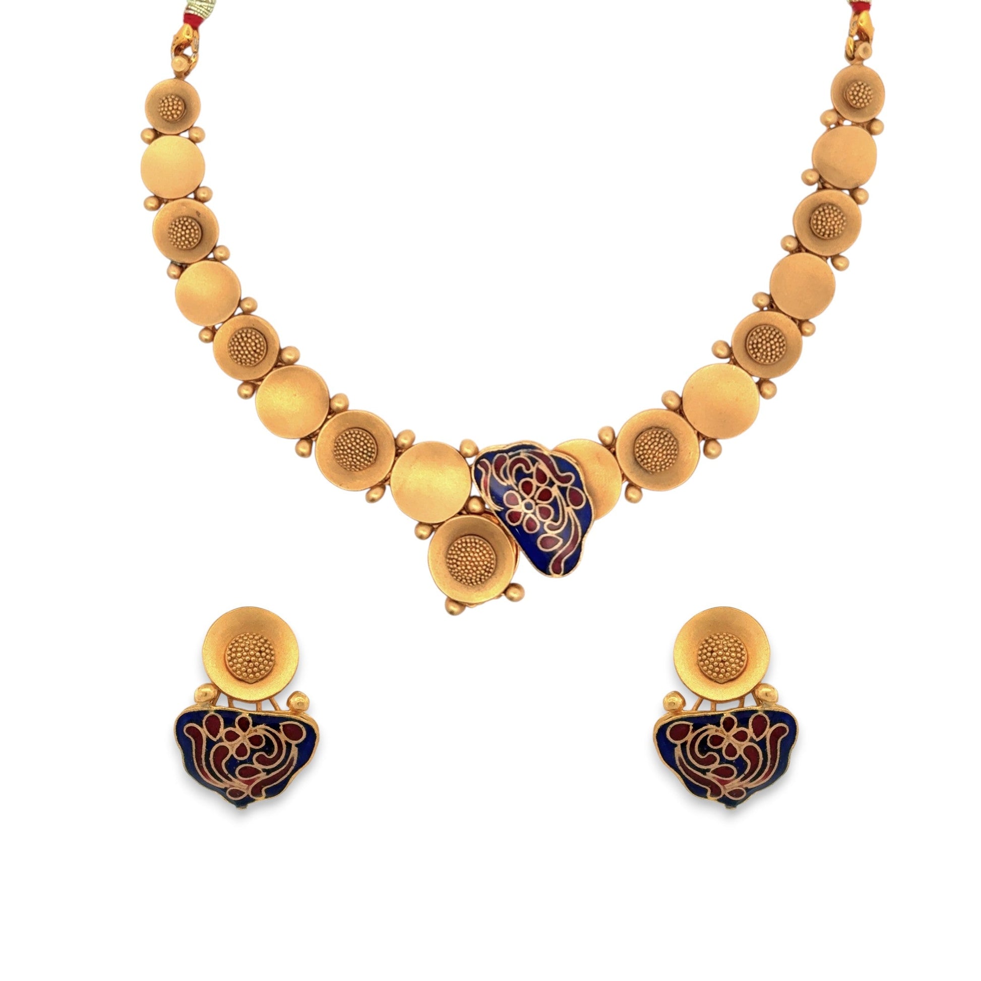 Elegant 22kt gold antique necklace set featuring round embossed motifs with a handcrafted blue and red meenakari centerpiece, paired with matching earrings. Perfect for bridal, festive, and traditional wear from Regal Jewels Chicago.