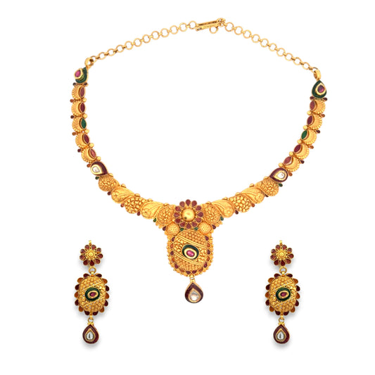 22K gold antique bridal necklace set with intricate floral and paisley motifs, ruby and green kundan gemstones, and matching jhumka earrings – 44.74 gm, RJOMS3068 – Regal Jewels Chicago.