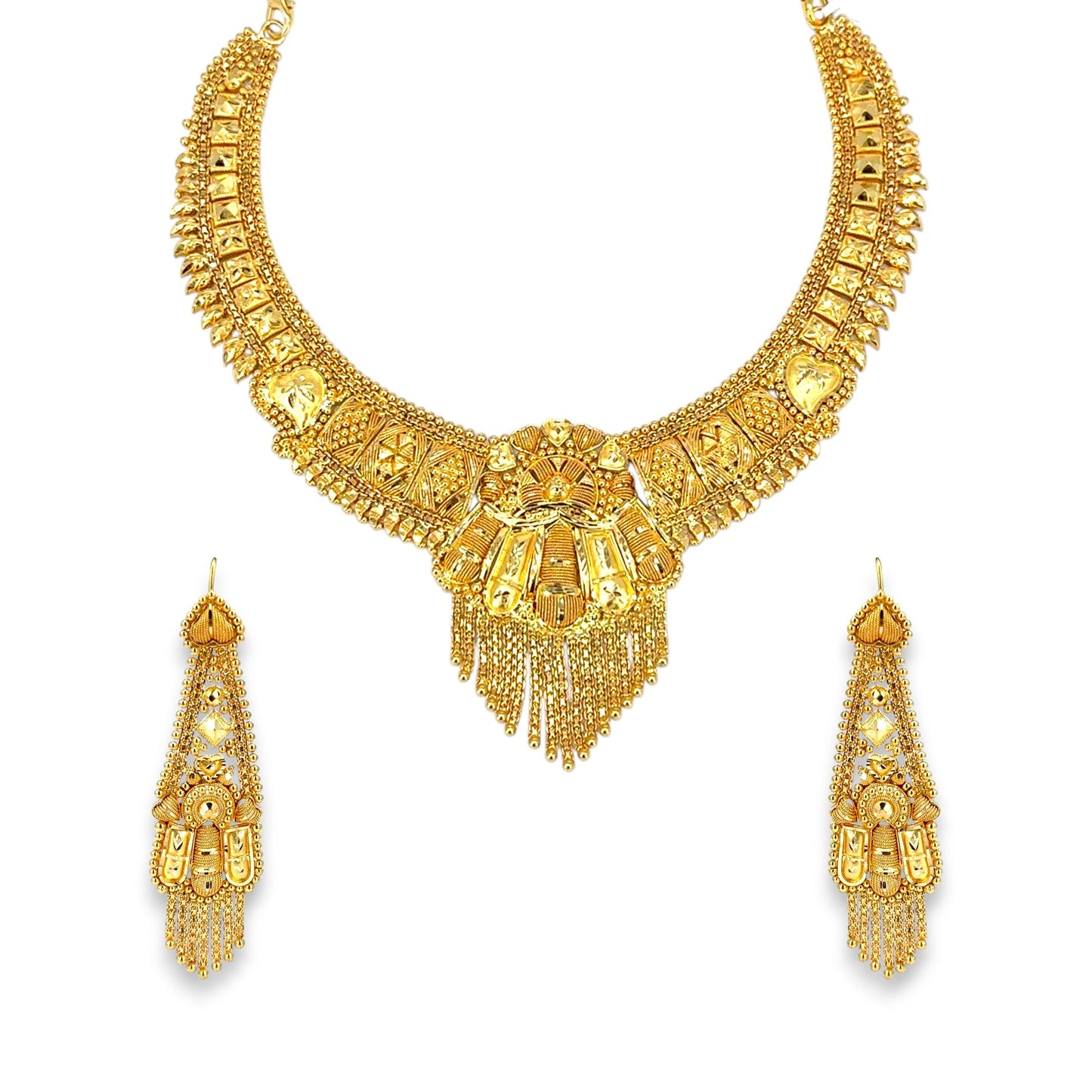 22kt Gold Bridal Necklace Set RJOSS3006 showcasing an antique temple-inspired choker with intricate filigree craftsmanship, detailed motifs, and cascading gold tassels, paired with matching long drop earrings – a regal handcrafted bridal jewelry design from Regal Jewels Chicago.