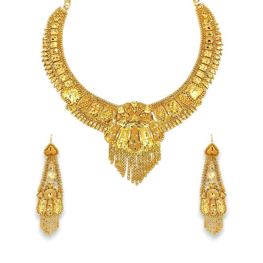 22kt Gold Bridal Necklace Set RJOSS3006 showcasing an antique temple-inspired choker with intricate filigree craftsmanship, detailed motifs, and cascading gold tassels, paired with matching long drop earrings – a regal handcrafted bridal jewelry design from Regal Jewels Chicago.