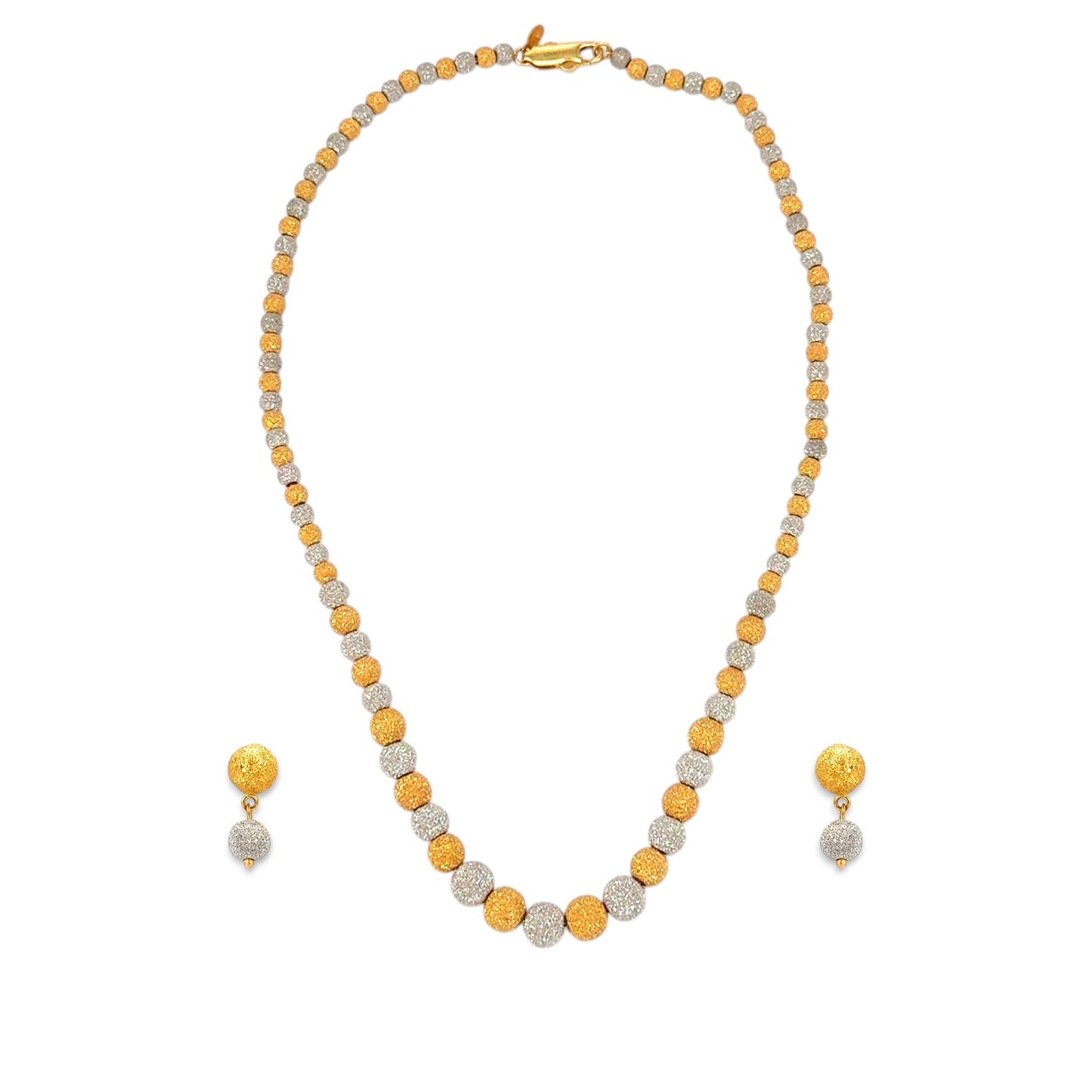 22kt Gold Ladies Necklace Set RJOSS3007 featuring alternating yellow and white gold textured beads in a dual-tone spherical pattern, paired with matching drop earrings – elegant handcrafted jewelry from Regal Jewels Chicago.