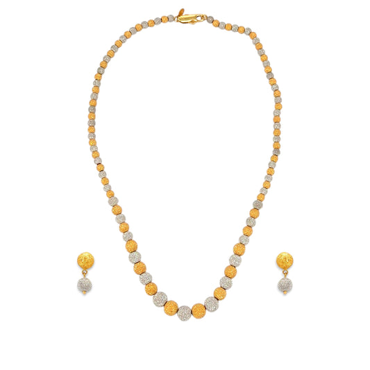 22kt Gold Ladies Necklace Set RJOSS3007 featuring alternating yellow and white gold textured beads in a dual-tone spherical pattern, paired with matching drop earrings – elegant handcrafted jewelry from Regal Jewels Chicago.