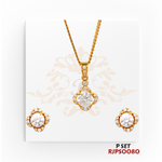 Regal Jewels (SKU: RJPS0080)Radiate elegance with this dazzling gold-plated pendant and earring set. Featuring brilliant round-cut stones surrounded by delicate accents, this timeless design adds a touch of sophistication and sparkle to any outfit. Perfect for both everyday wear and special occasions!