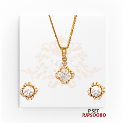 Regal Jewels (SKU: RJPS0080)Radiate elegance with this dazzling gold-plated pendant and earring set. Featuring brilliant round-cut stones surrounded by delicate accents, this timeless design adds a touch of sophistication and sparkle to any outfit. Perfect for both everyday wear and special occasions!