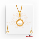 Regal Jewels (SKU: RJPS0083)Simple yet elegant, this gold-plated pendant and earring set features a classic round pearl design framed with intricate detailing. Perfect for adding a touch of timeless sophistication to any outfit, from casual to formal occasions.