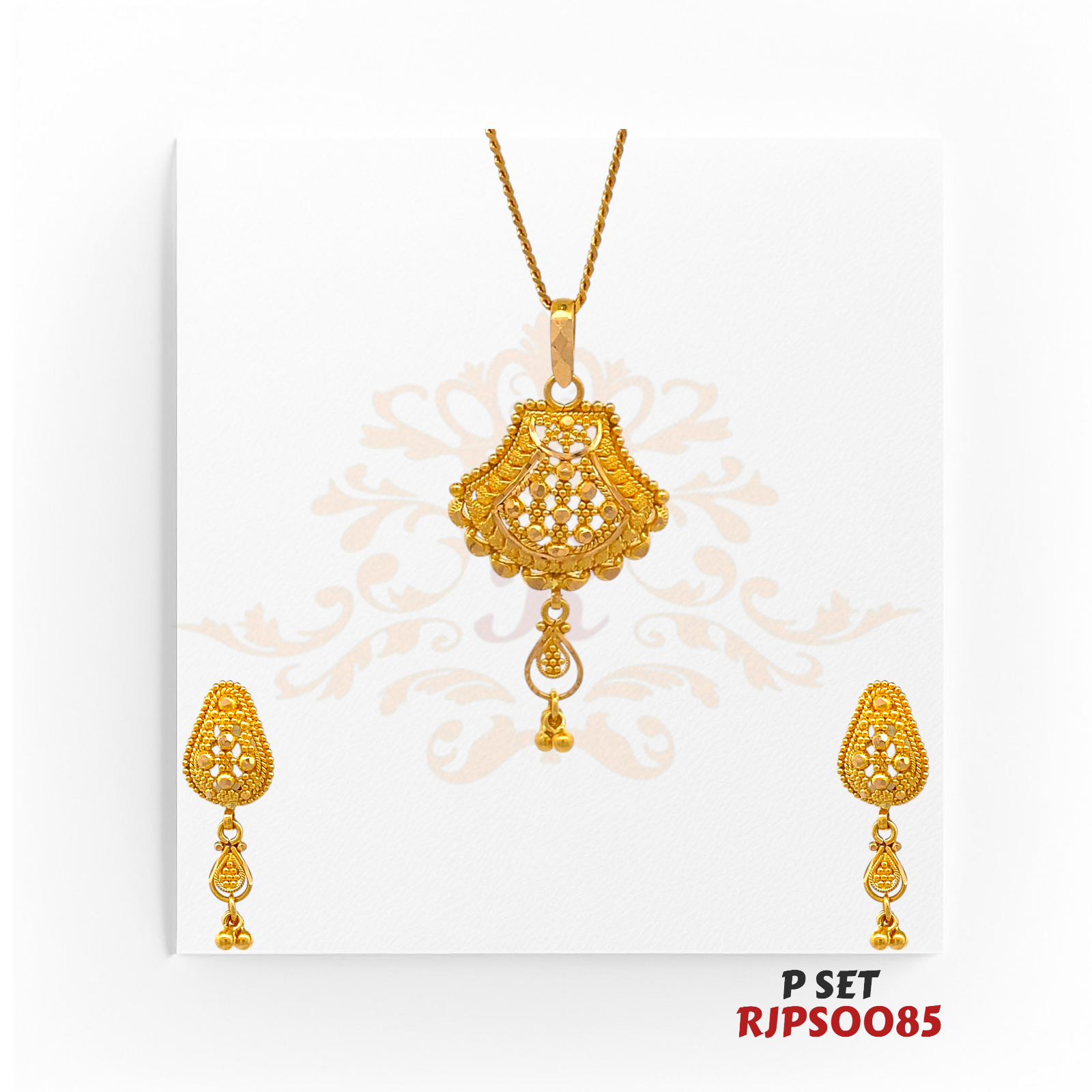 22kt Gold Jhumka-Inspired Pendant Set RJPS0085 – A stunning 6.10-gram pendant set featuring intricate filigree and gold bead detailing. Available at Regal Jewels.