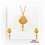 Regal Jewels (SKU: RJPS0085)Step into elegance with this beautifully crafted gold-plated pendant and earring set. Featuring intricate detailing and a graceful bell-shaped design with delicate dangling accents, this set adds a traditional yet sophisticated touch to any ensemble. Perfect for festive occasions and cultural celebrations!