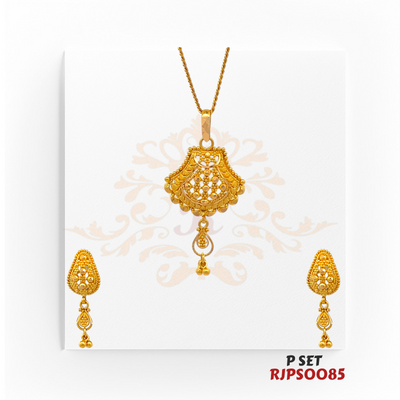 22kt Gold Jhumka-Inspired Pendant Set RJPS0085 – A stunning 6.10-gram pendant set featuring intricate filigree and gold bead detailing. Available at Regal Jewels.