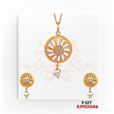 22kt Two-Tone Gold Pendant Set RJPS0086 – A beautifully crafted 8.70-gram pendant and earrings set with yellow gold and rhodium finish. Available at Regal Jewels