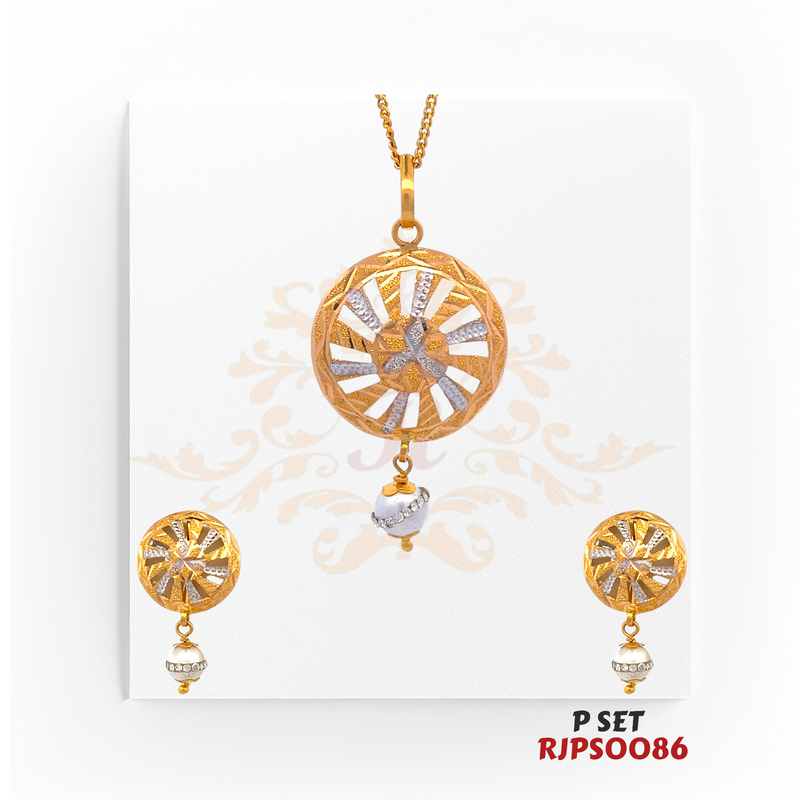 Regal Jewels (SKU: RJPS0086)Add a touch of elegance to your look with this stunning gold-plated pendant and earring set. Featuring intricate circular designs with sparkling white accents and delicate dangling beads, it's perfect for both traditional and contemporary outfits. Shine with timeless charm!