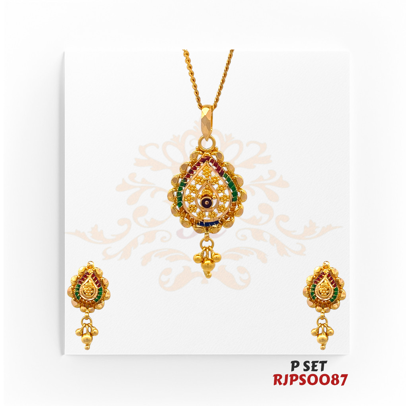 22kt Gold Multicolor Teardrop Pendant Set RJPS0087 – A 6.20-gram gold pendant set with intricate filigree and vibrant enamel work. Available at Regal Jewels.