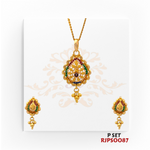 Regal Jewels (SKU: RJPS0087)Brighten up your ensemble with this vibrant gold-plated pendant and earring set. Featuring a teardrop design embellished with colorful enamel accents and intricate detailing, this set adds a festive charm to any look. Perfect for special occasions and celebrations!