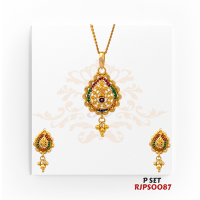 Regal Jewels (SKU: RJPS0087)Brighten up your ensemble with this vibrant gold-plated pendant and earring set. Featuring a teardrop design embellished with colorful enamel accents and intricate detailing, this set adds a festive charm to any look. Perfect for special occasions and celebrations!