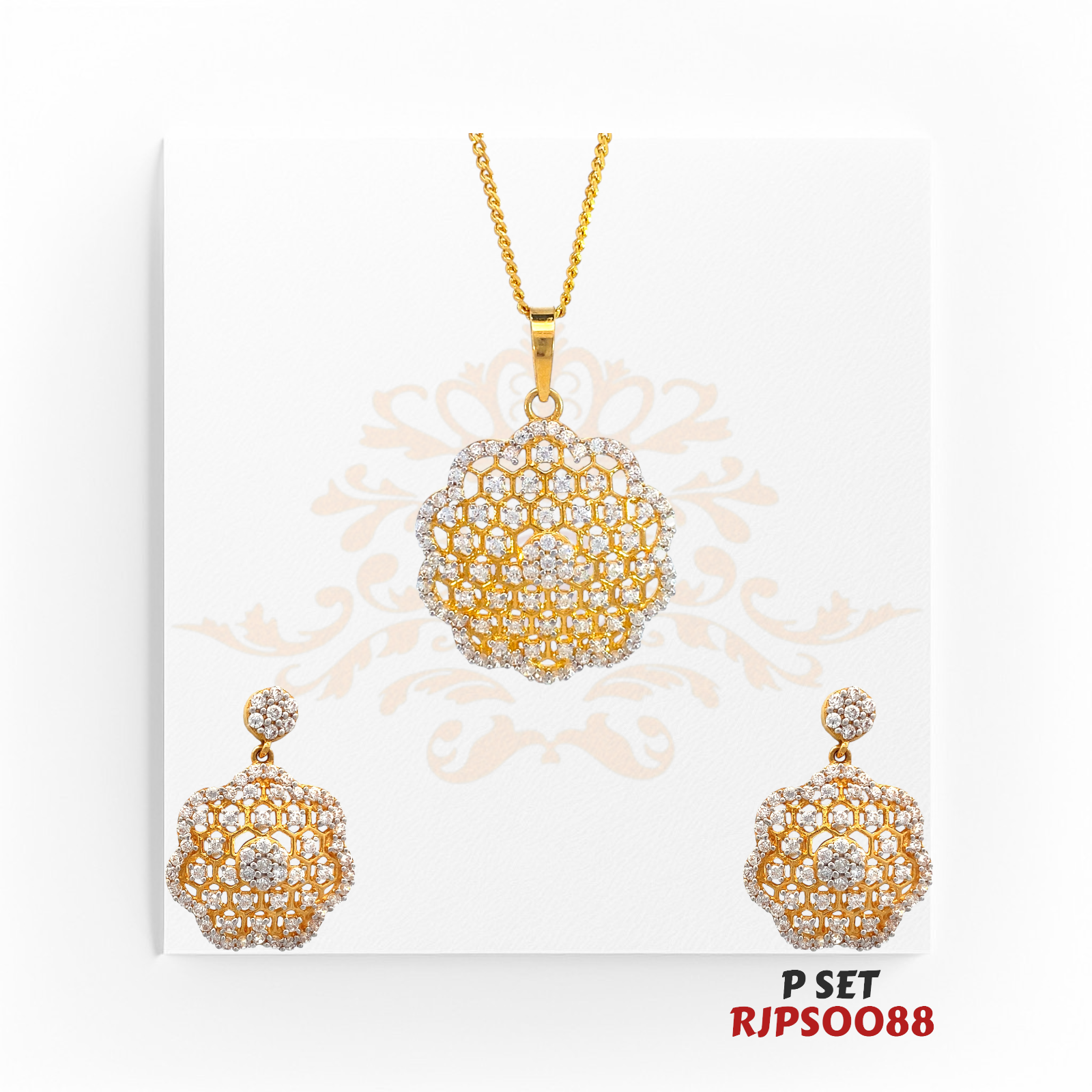 22kt Gold & CZ Pendant Set RJPS0088 – A 13.30-gram floral honeycomb-inspired gold pendant set with shimmering CZ stones. Available at Regal Jewels.