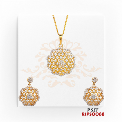 22kt Gold & CZ Pendant Set RJPS0088 – A 13.30-gram floral honeycomb-inspired gold pendant set with shimmering CZ stones. Available at Regal Jewels.