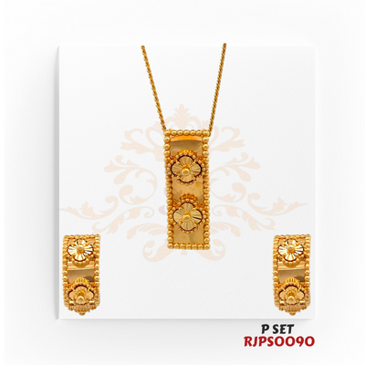 Regal Jewels (SKU: RJPS0090)Elevate your style with this exquisite gold-plated pendant and earring set. Featuring a bold rectangular design adorned with delicate floral motifs and intricate bead detailing, this set is perfect for adding a touch of sophistication to any outfit. A timeless treasure for any jewelry collection!