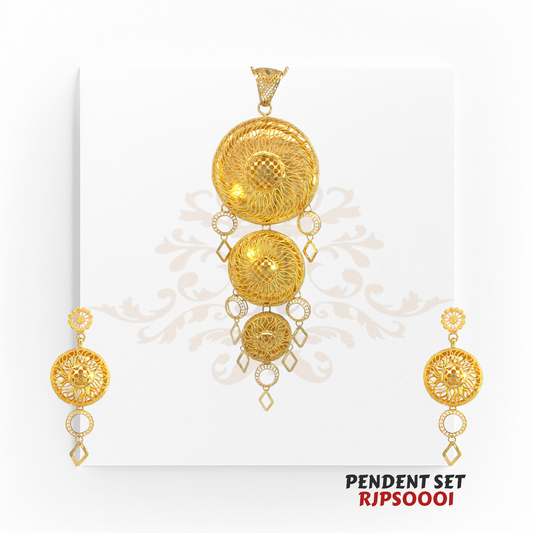 22kt Gold Multi-Layered Filigree Pendant Set RJPS0001 – A 36.60-gram grand statement pendant set with intricate filigree artistry and geometric dangles, available at Regal Jewels.