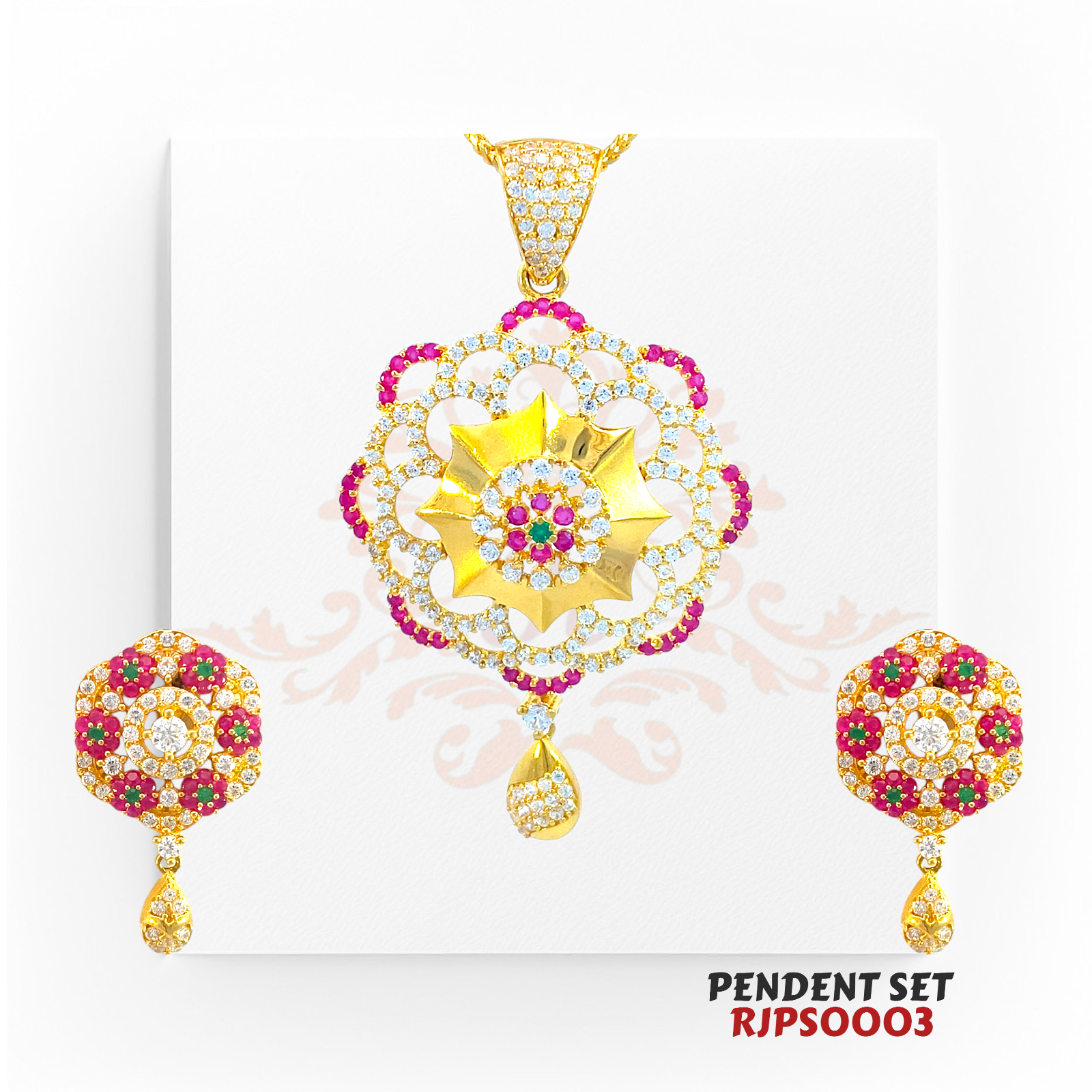 22kt Gold Floral Pendant Set RJPS0003 – A 16.30-gram intricately designed gold pendant set with gemstone embellishments, available at Regal Jewels.