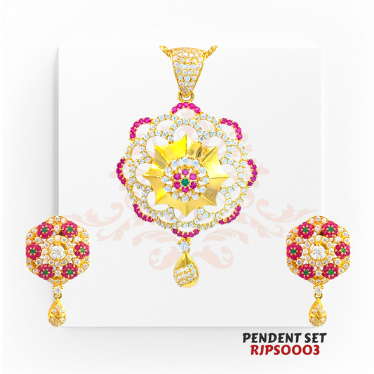 22kt Gold Floral Pendant Set RJPS0003 – A 16.30-gram intricately designed gold pendant set with gemstone embellishments, available at Regal Jewels.