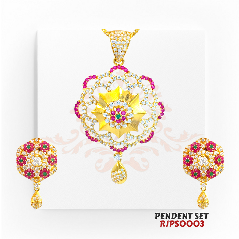 22kt Gold Floral Pendant Set RJPS0003 – A 16.30-gram intricately designed gold pendant set with gemstone embellishments, available at Regal Jewels.