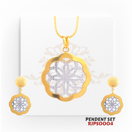 22kt Two-Tone Gold Filigree Pendant Set RJPS0004 – A 14.60-gram intricately designed floral pendant set with rhodium accents, available at Regal Jewels.