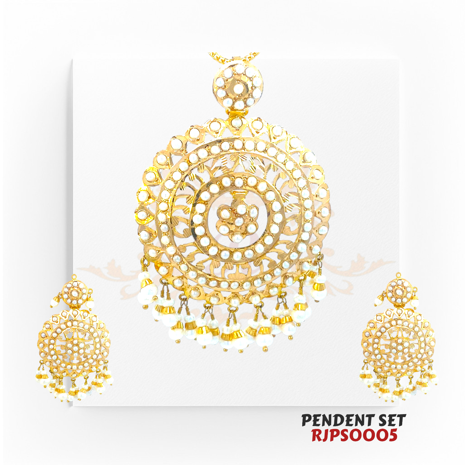 22kt Gold Kundan Chandbali Pendant Set RJPS0005 – A 21.30-gram gold pendant set with intricate Kundan craftsmanship and pearl embellishments. Available at Regal Jewels.