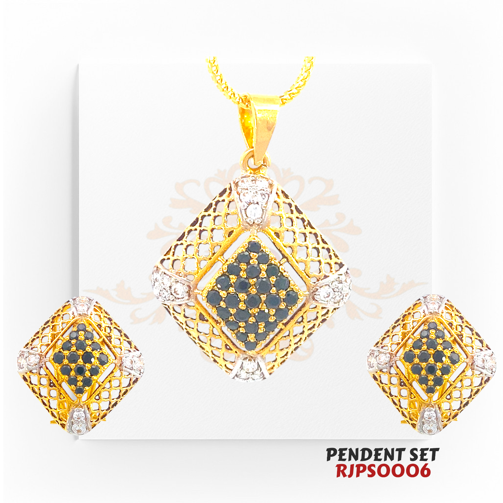22kt Gold Black Diamond Lattice Pendant Set RJPS0006 – A 14.90-gram designer gold pendant set featuring a lattice pattern with black diamonds and white stone accents. Available at Regal Jewels.
