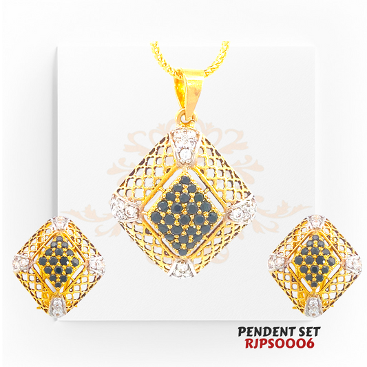 22kt Gold Black Diamond Lattice Pendant Set RJPS0006 – A 14.90-gram designer gold pendant set featuring a lattice pattern with black diamonds and white stone accents. Available at Regal Jewels.