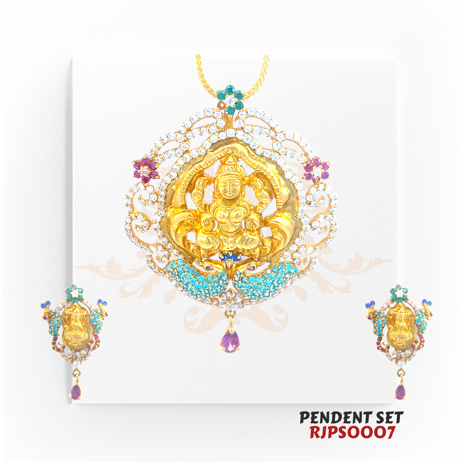 22kt Gold Goddess Lakshmi Temple Pendant Set RJPS0007 – A 23.40-gram gold pendant set featuring an intricately crafted Lakshmi motif, adorned with gemstones. Available at Regal Jewels.