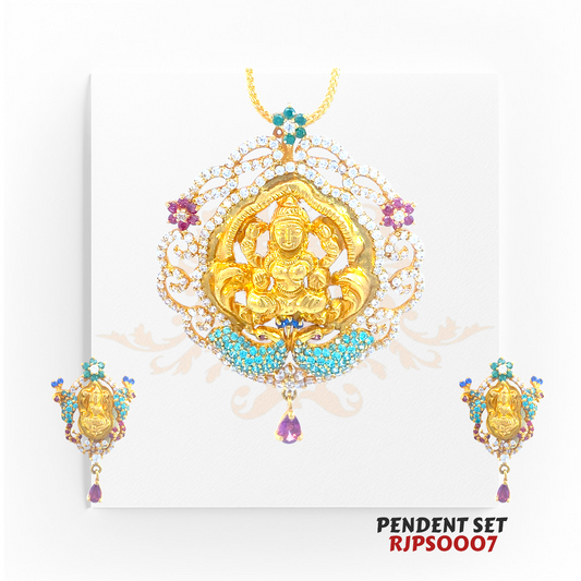 22kt Gold Goddess Lakshmi Temple Pendant Set RJPS0007 – A 23.40-gram gold pendant set featuring an intricately crafted Lakshmi motif, adorned with gemstones. Available at Regal Jewels.