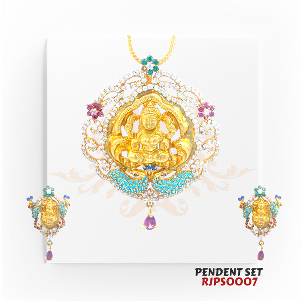 22kt Gold Goddess Lakshmi Temple Pendant Set RJPS0007 – A 23.40-gram gold pendant set featuring an intricately crafted Lakshmi motif, adorned with gemstones. Available at Regal Jewels.