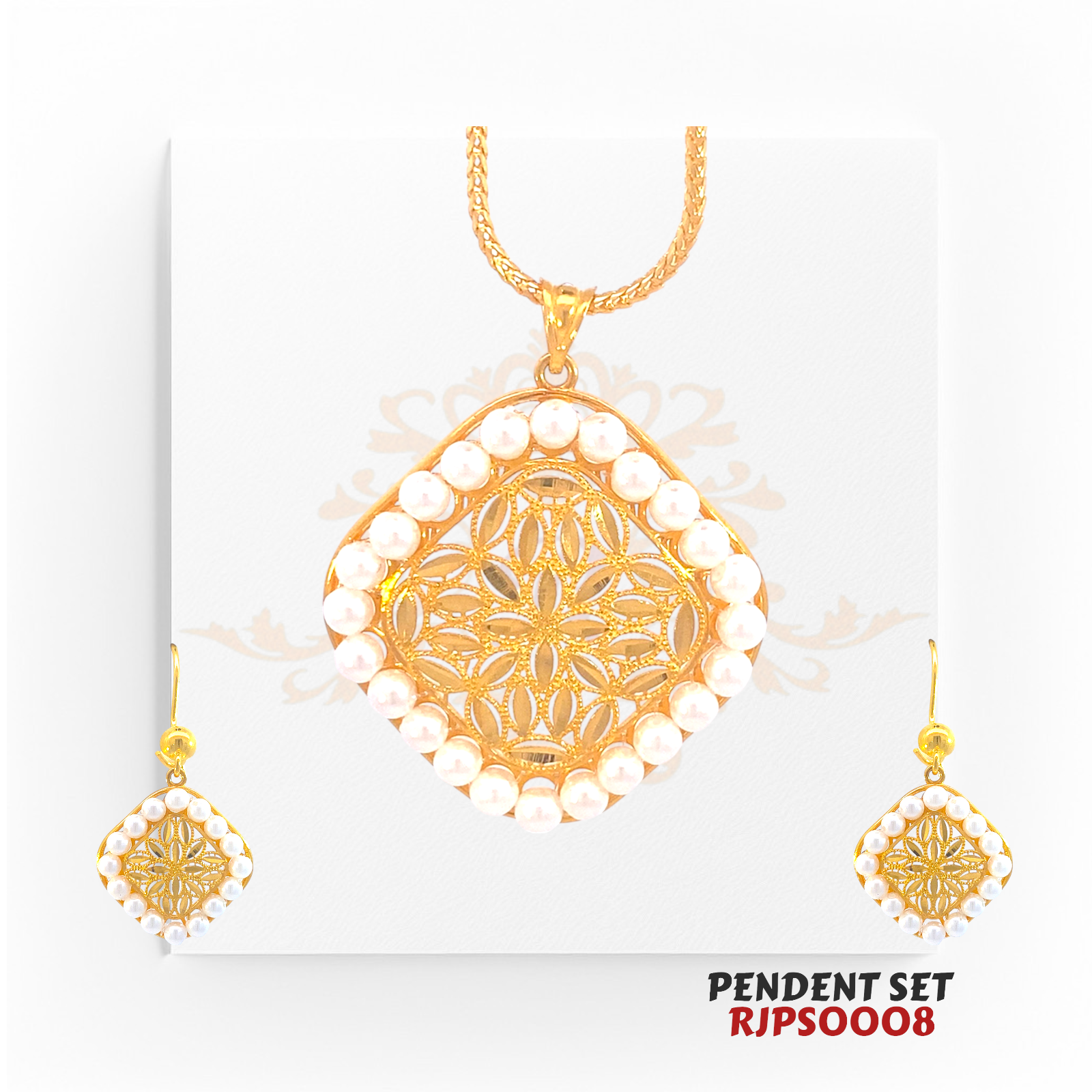 22kt Gold Filigree & Pearl Pendant Set RJPS0008 – A 10.20-gram gold pendant set featuring a delicate filigree design encased in pearls. Available at Regal Jewels.