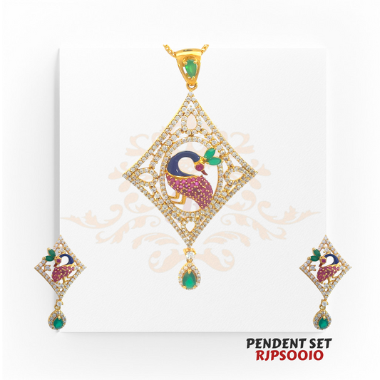 22kt Gold & CZ Peacock Pendant Set RJPS0010 – A 15.90-gram statement gold pendant set featuring a peacock motif, CZ stones, and emerald accents. Available at Regal Jewels.