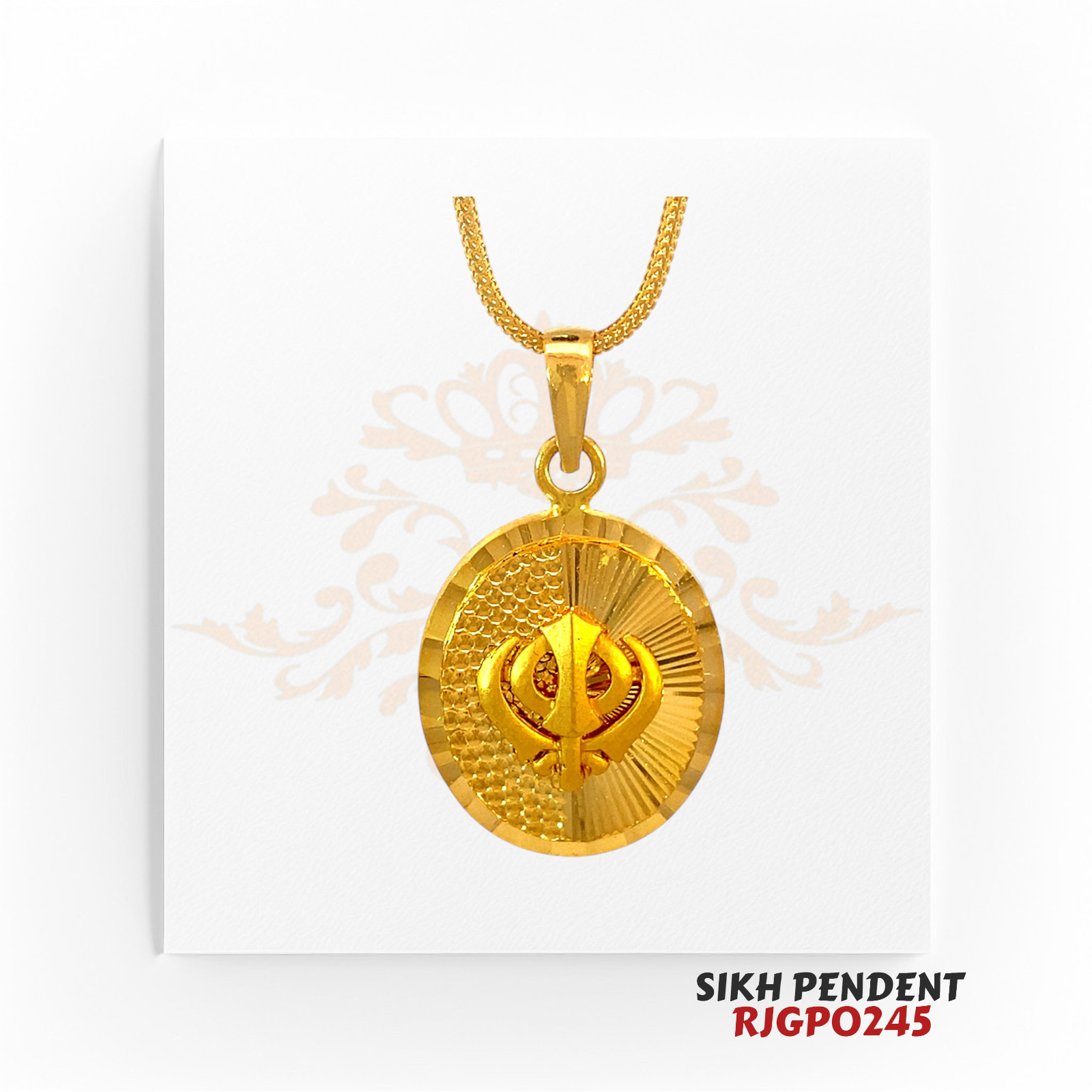 22kt Gold Sikh Pendant RJGPO245 – A beautifully crafted oval 22kt gold pendant featuring a raised Khanda Sahib symbol. Weighs 5.80 grams, measuring 1.00 inch in length and 0.75 inches in width. Dual-texture design with sunburst and honeycomb patterns. A spiritual and elegant piece for Sikh devotees. Available at Regal Jewels.
