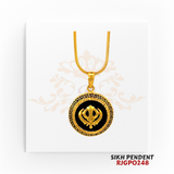 22kt Gold Sikh Pendant RJGPO248 – A finely crafted round 22kt gold pendant featuring the sacred Khanda symbol with a black enamel background. Weighs 6.30 grams, measuring 0.75 inches in length and width. A perfect religious jewelry piece available at Regal Jewels.