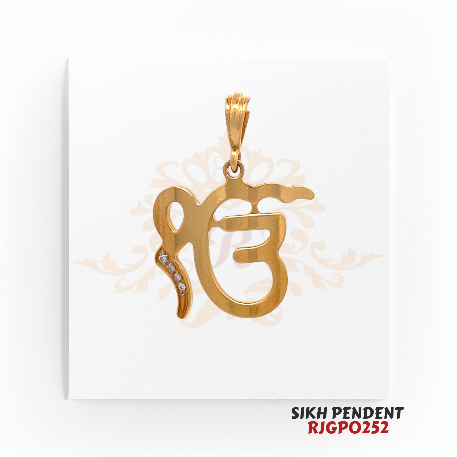 22kt Gold Sikh Pendant RJGPO252 – A beautifully crafted 22kt gold Ek Onkar pendant with a modern design, featuring subtle diamond accents. Weighs 5.90 grams and measures 1.25 inches in length and 0.75 inches in width. A stunning symbol of Sikh faith, available at Regal Jewels.