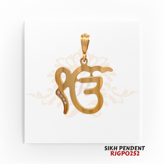 22kt Gold Sikh Pendant RJGPO252 – A beautifully crafted 22kt gold Ek Onkar pendant with a modern design, featuring subtle diamond accents. Weighs 5.90 grams and measures 1.25 inches in length and 0.75 inches in width. A stunning symbol of Sikh faith, available at Regal Jewels.
