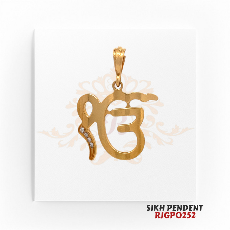 22kt Gold Sikh Pendant RJGPO252 – A beautifully crafted 22kt gold Ek Onkar pendant with a modern design, featuring subtle diamond accents. Weighs 5.90 grams and measures 1.25 inches in length and 0.75 inches in width. A stunning symbol of Sikh faith, available at Regal Jewels.