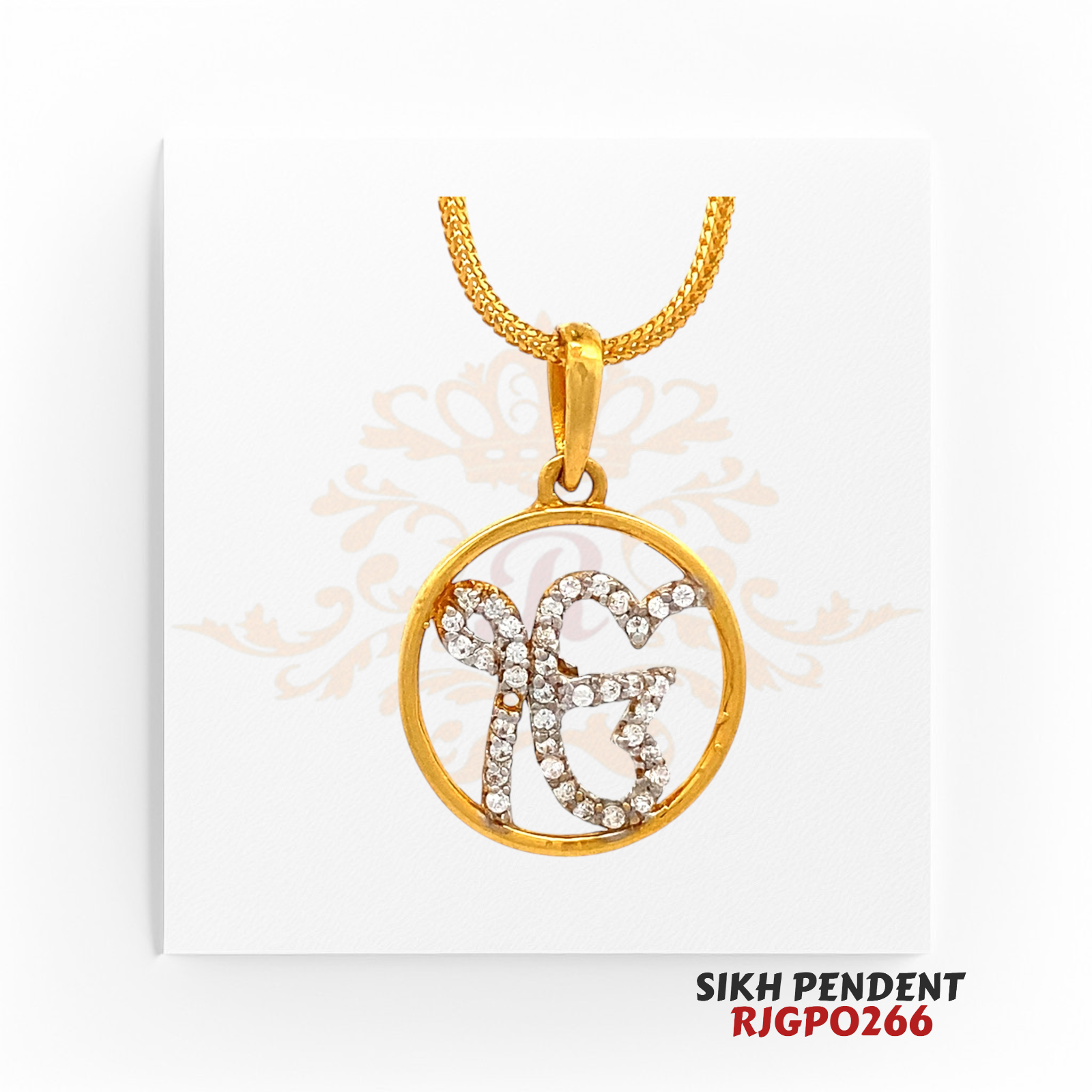 22kt Gold Sikh Pendant RJGPO266 – A round 22kt gold pendant featuring the sacred Ek Onkar symbol, encrusted with dazzling white stones. Open-circle design for a modern and elegant touch. Weighs 2.70 grams, measuring 0.75 inches in length and width. A spiritual pendant perfect for Sikh devotees, available at Regal Jewels.