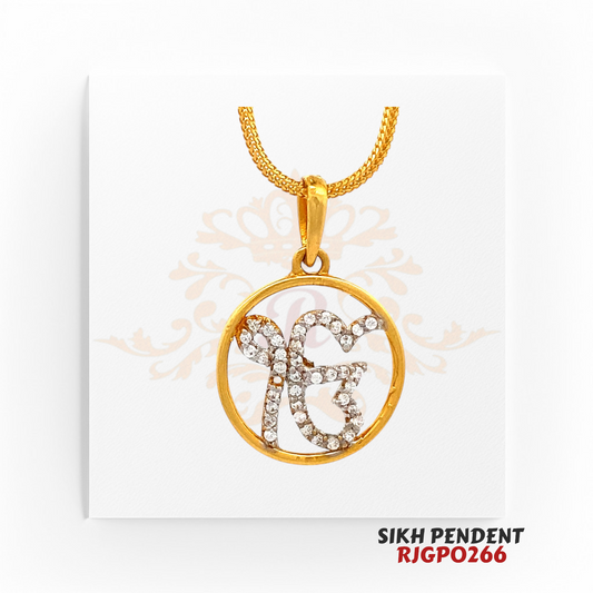 22kt Gold Sikh Pendant RJGPO266 – A round 22kt gold pendant featuring the sacred Ek Onkar symbol, encrusted with dazzling white stones. Open-circle design for a modern and elegant touch. Weighs 2.70 grams, measuring 0.75 inches in length and width. A spiritual pendant perfect for Sikh devotees, available at Regal Jewels.