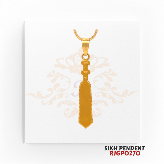 22kt Gold Sikh Pendant RJGPO270 – A finely crafted 22kt gold pendant shaped like a traditional Sikh Kirpan (sword). Weighs 5.70 grams, measuring 2.00 inches in length and 0.25 inches in width. A bold symbol of faith, strength, and heritage, perfect for Sikh devotees. Available at Regal Jewels.