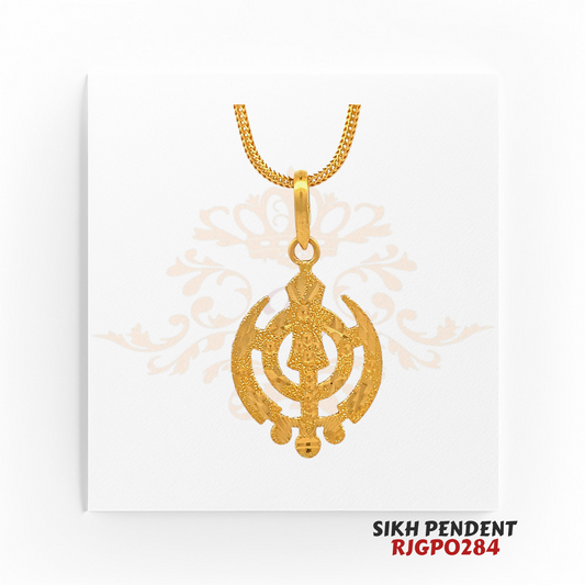 22kt Gold Sikh Pendant RJGPO284 – A finely crafted 22kt gold pendant featuring the sacred Khanda symbol, representing Sikh strength and unity. Weighs 3.50 grams, measuring 1 inch in length and 0.75 inches in width. A timeless religious jewelry piece available at Regal Jewels.